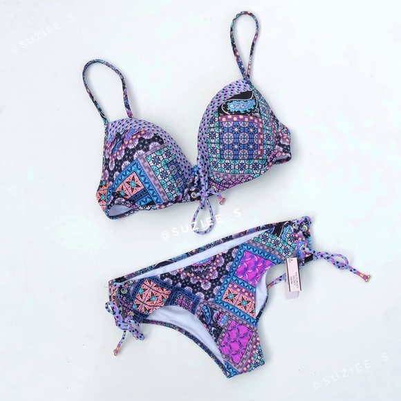 Victoria’s Secret Blue Patchwork Mosaic Print Lace up Bikini Set 34C/S NWT - Picture 2 of 14